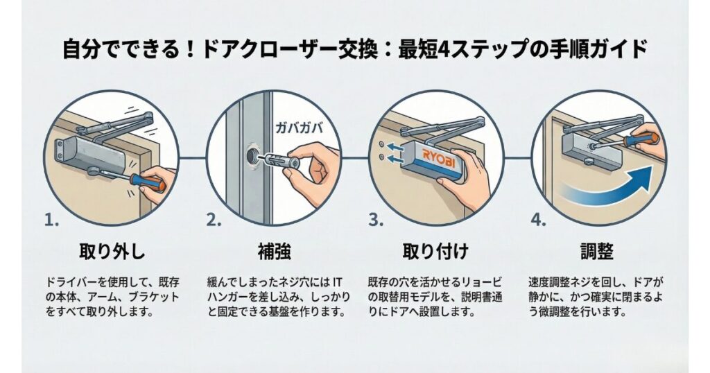 NHNのドアクローザーの代替品の交換方法