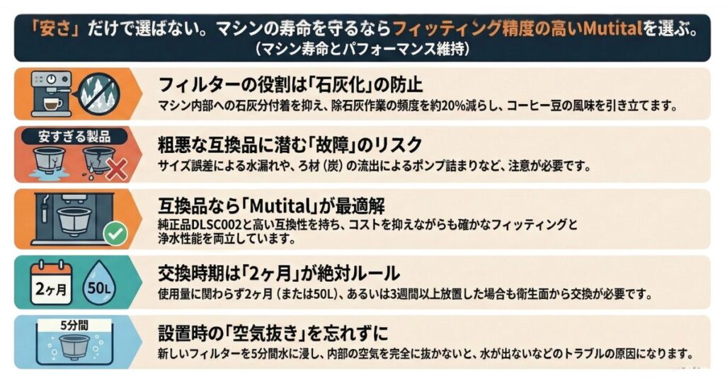 デロンギ製ウォーターフィルターの互換品の注意点