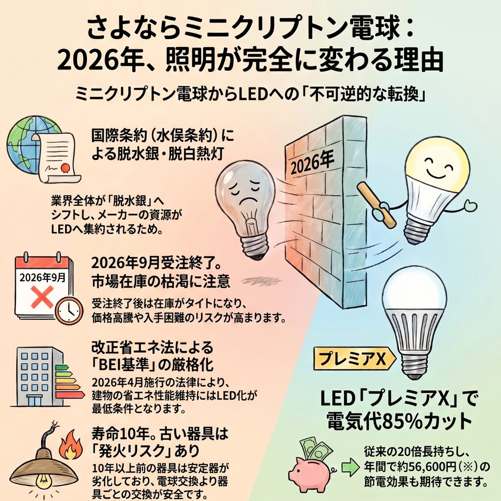 なぜパナソニックのミニクリプトン電球60形は生産終了で代替品が必要？
